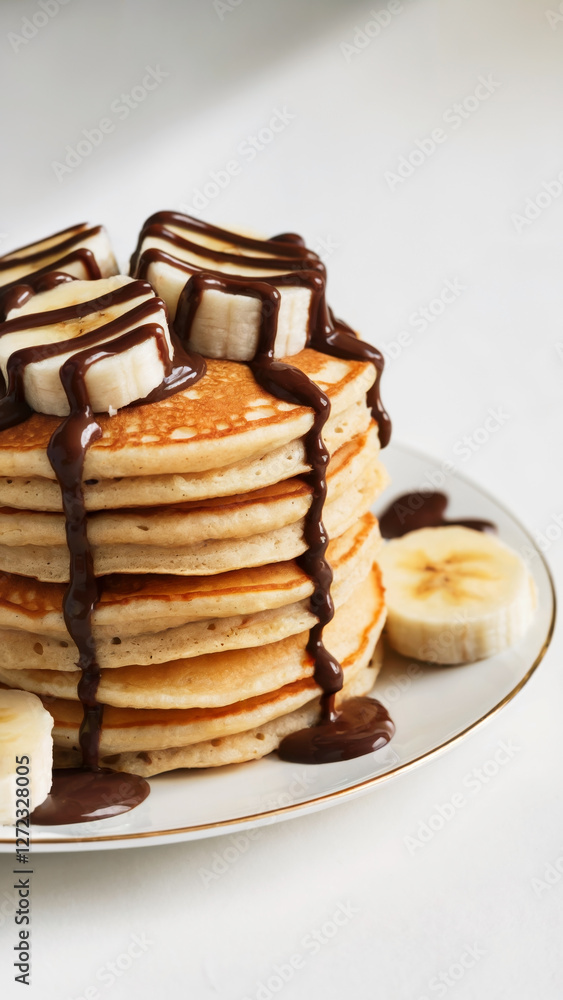 Stack of pancakes with banana, dripping with chocolate sauce on plate, white background, closeup Stack of pancakes with banana, dripping with chocolate sauce on plate, white background, closeup