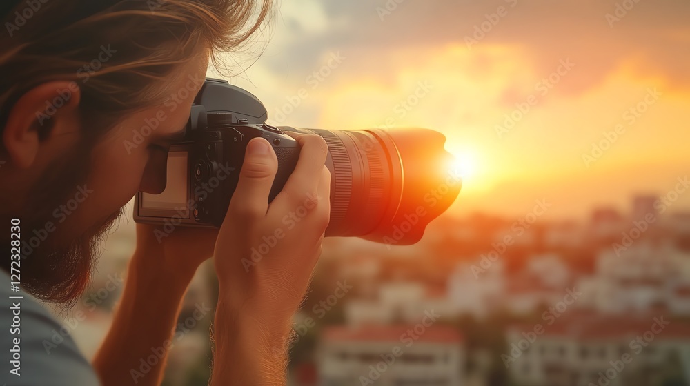 Fototapeta premium A photographer captures a stunning sunset over a cityscape, showcasing the art of photography against a vibrant sky.