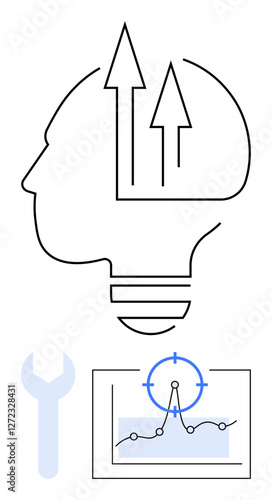 Human head with upward arrows symbolizes growth and ideas, wrench for tools and repair, graph with compass for analytics and planning. Ideal for innovation, strategy, growth, problem-solving