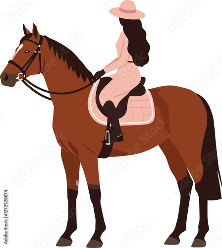 Elegant woman riding a brown horse in minimal flat vector art style vector illustration