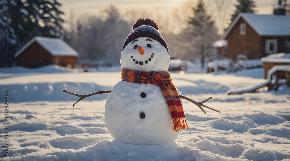 Obraz premium A cheerful snowman with a carrot nose, button eyes, and a plaid scarf stands in a snowy landscape with cabins and trees in the background, bathed in sunlight