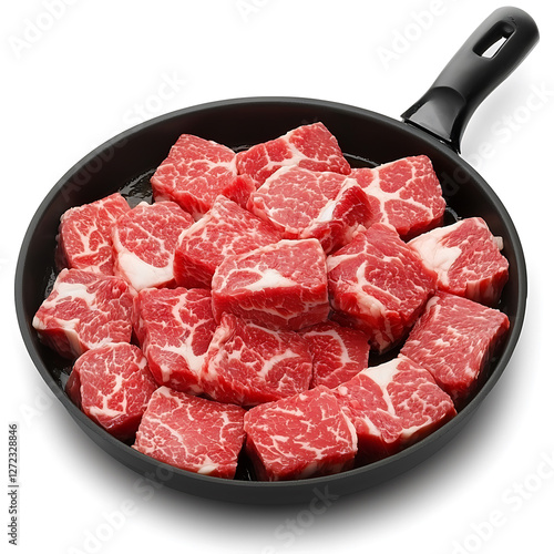 Diced raw beef chuck with marbling filling a black frying pan ready for cooking. photo