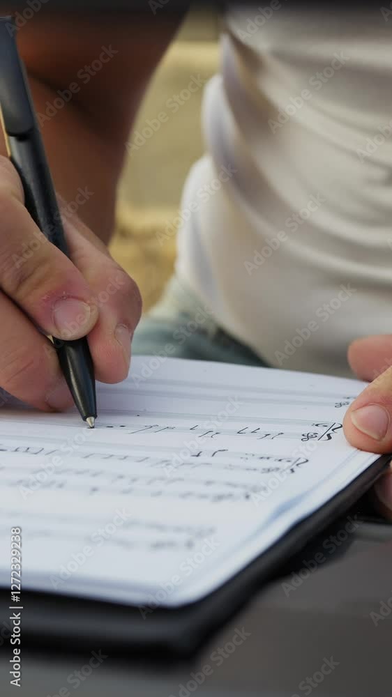 Man Writes Chords On Sheet Music And Study Keyboard Man Writes Chords On Sheet Music And Study Keyboard