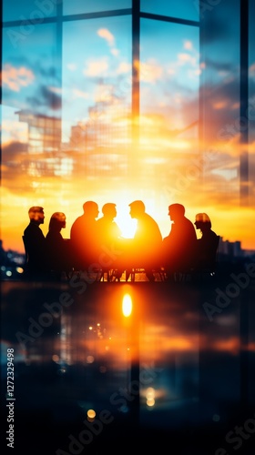 Wallpaper Mural Silhouetted group of diverse people in discussion during a vibrant sunset. Torontodigital.ca