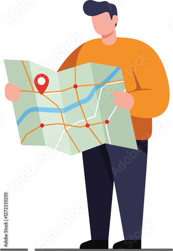 Person holding a map in a flat vector illustration style for navigation purposes