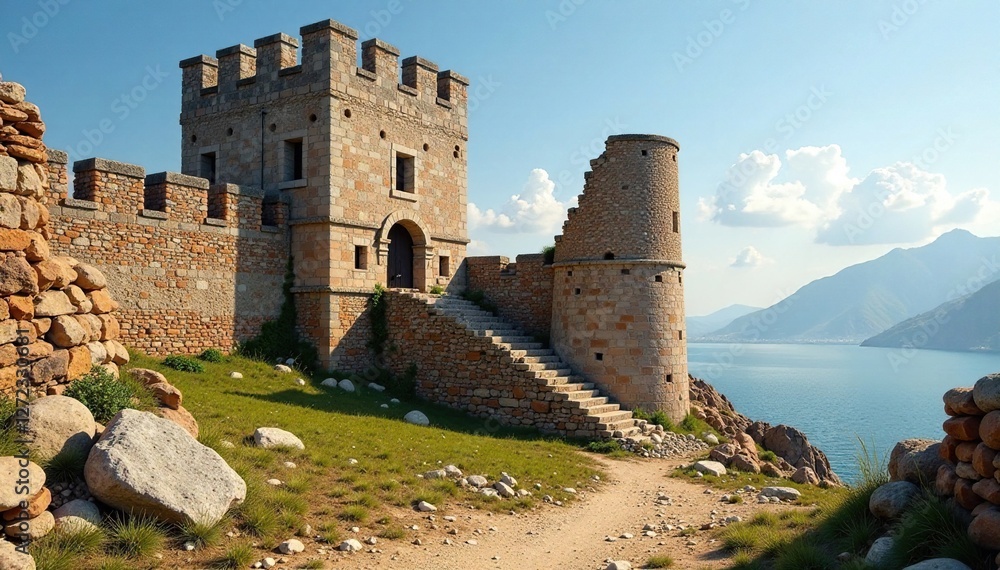 Ancient castle wall with partially collapsed tower, tower, distressed, rubble Ancient castle wall with partially collapsed tower, tower, distressed, rubble