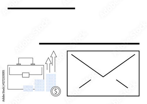 Briefcase near growing financial chart with coins and an envelope. Ideal for business planning, financial growth, email marketing, communication, corporate success, investment strategies