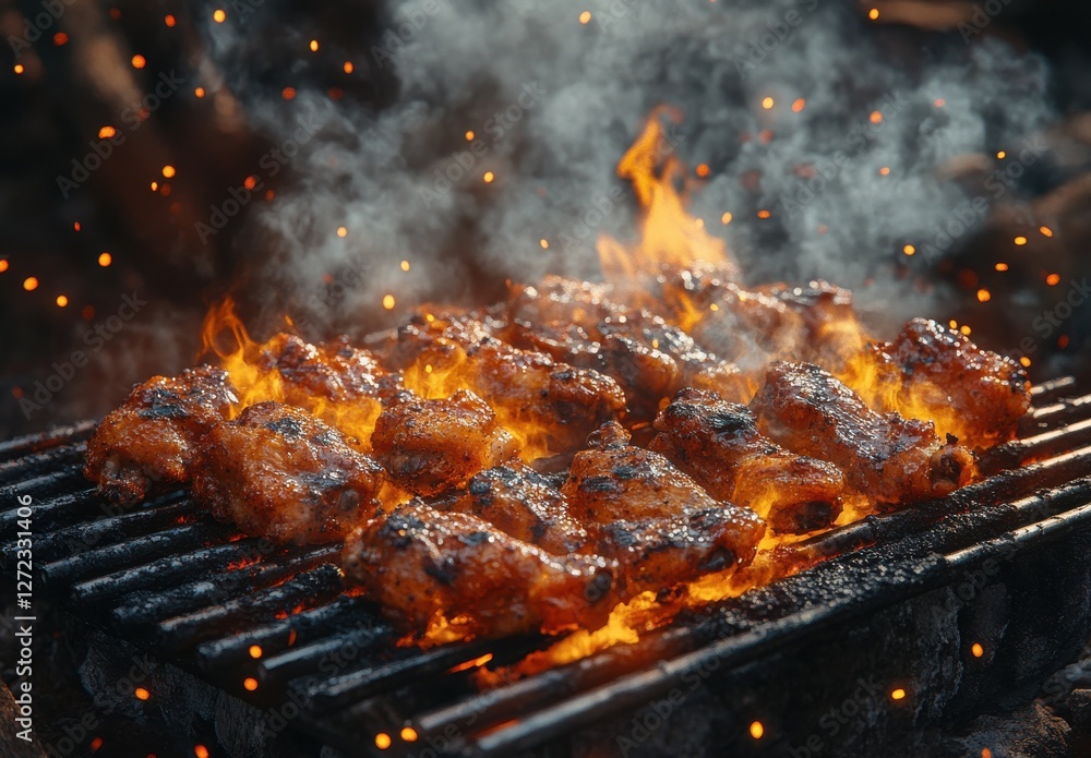 Grilled Chicken Cooking Over Flames on Outdoor BBQ Grill with Smoke and Glowing Embers During Summer Gathering or Picnic Grilled Chicken Cooking Over Flames on Outdoor BBQ Grill with Smoke and Glowing Embers During Summer Gathering or Picnic
