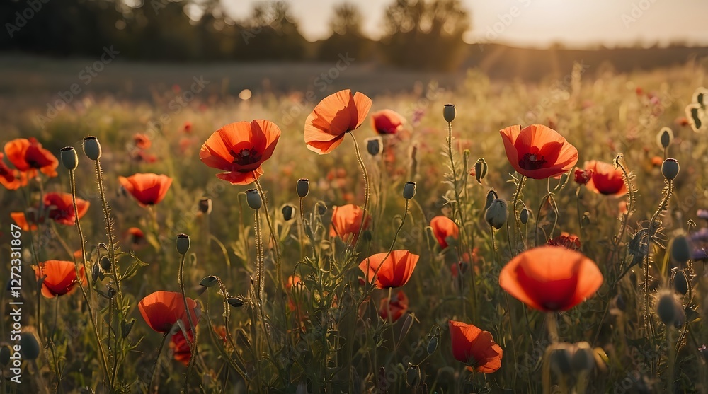 Obraz premium A field of vibrant red poppies bathed in warm sunlight, showcasing the beauty of nature and the tranquility of a summer meadow, with a scenic countryside backdrop and lush greenery