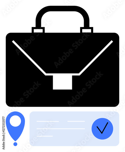 Briefcase with handle, blue map pin, light blue checklist with check mark. Ideal for business, travel, organization, planning, logistics work management and productivity. Line metaphor