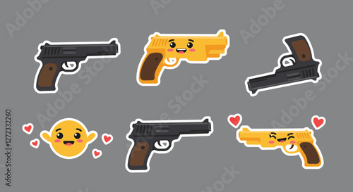 Cute cartoon guns and happy emoji in flat vector art style vector illustration