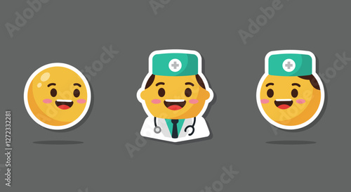 Smiling emoji transformation into doctor character in flat vector illustration