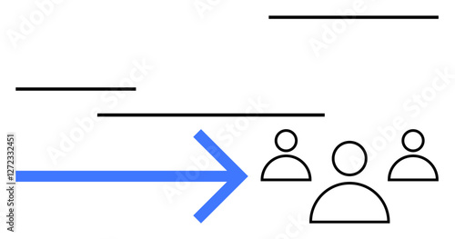 Blue arrow targeting three user symbols among abstract lines, symbolizing teamwork, problem-solving, communication, goal alignment, collaboration, progress, modern data sharing. Abstract line flat