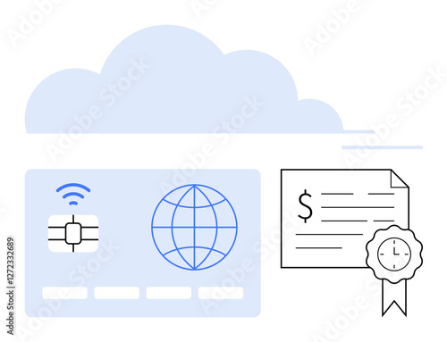 Cloud above smart card with wireless chip and globe icon, plus certificate with ribbon and dollar sign. Ideal for finance, digital transactions, cloud services, online security, connectivity