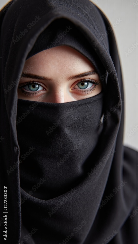 A Portrait of a Young Woman with Green Eyes in a Traditional Black Hijab, Capturing Cultural Identity and Beauty A Portrait of a Young Woman with Green Eyes in a Traditional Black Hijab, Capturing Cultural Identity and Beauty