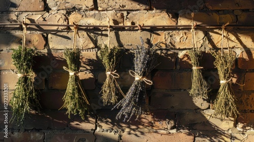 Dried herbs hang with twine on brick, shadows deepen in warm light blur, a serene still life.