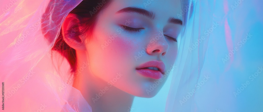 Portrait of a young woman with closed eyes and delicate sheer fabric draped over her head, illuminated by vibrant pink and blue neon lights Concept of beauty, fashion, and ethereal aesthetics Portrait of a young woman with closed eyes and delicate sheer fabric draped over her head, illuminated by vibrant pink and blue neon lights Concept of beauty, fashion, and ethereal aesthetics