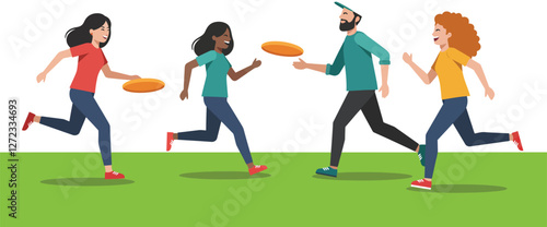 Group of friends playing frisbee in a park detailed vector illustration