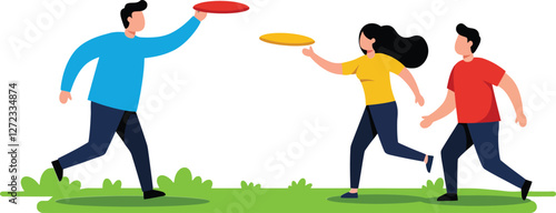 People playing frisbee in a park, flat and colorful vector illustration