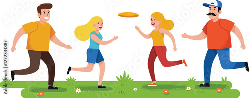 Four friends enjoying a game of frisbee in a colorful, flat vector illustration