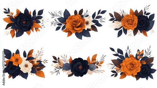 Six elegant floral arrangements in dark blue, burnt orange, and cream. Perfect for autumn or Halloween designs.