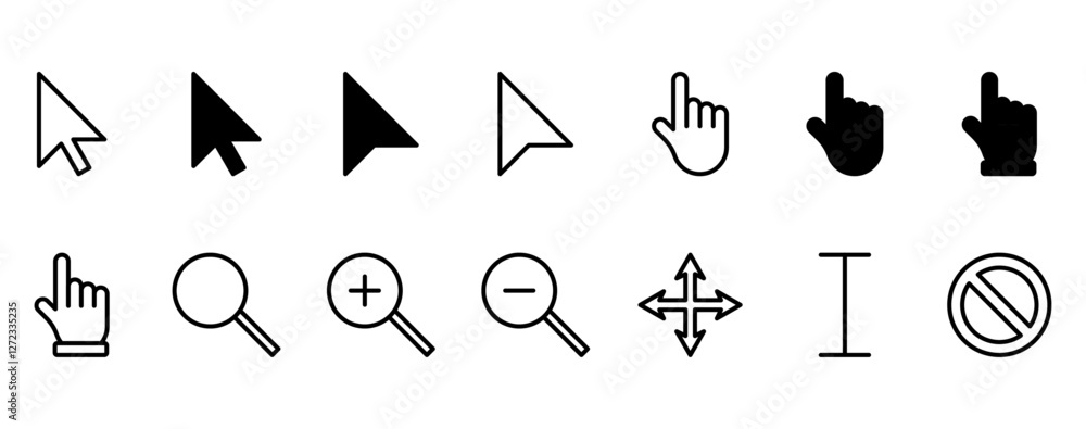 Computer mouse cursor icons set. Mouse pointer and cursor icon set. Variety of computer mouse cursors and pointers. Computer mouse cursor icons set. Mouse pointer and cursor icon set. Variety of computer mouse cursors and pointers.