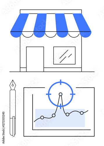 Storefront with awning, pen, analytics chart, and target symbol representing business planning, data insights, and growth strategies. Ideal for startups, retail, marketing planning brainstorming