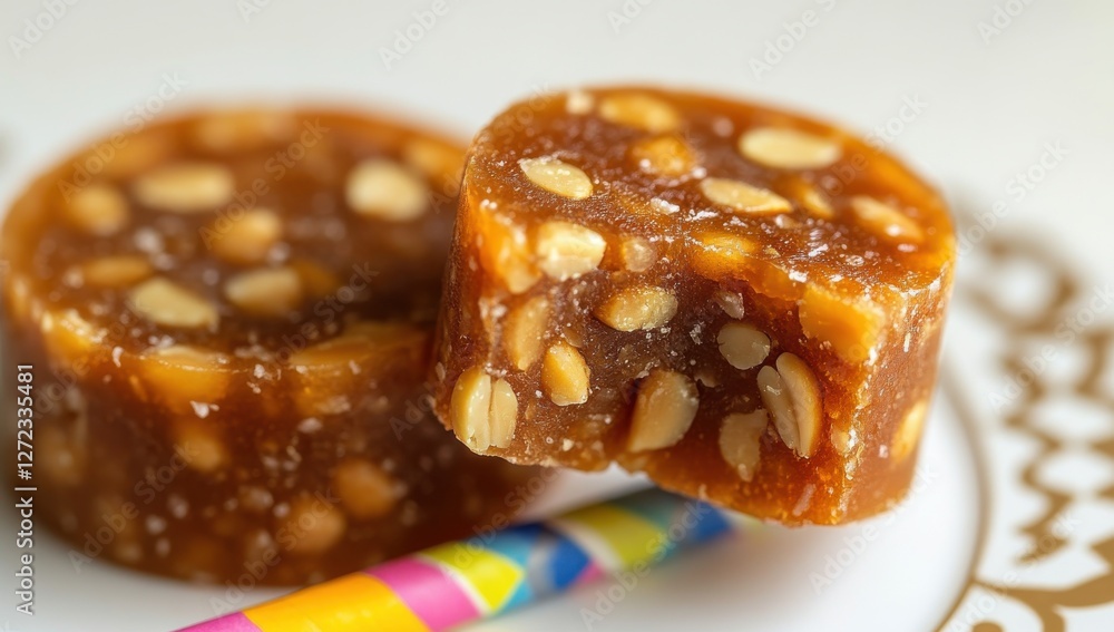 Sweet and Chewy Dessert with Nuts on a Decorative Plate, Colorful Straw, Close-Up Photography of Traditional Snack Treats for Gourmet Cuisine Sweet and Chewy Dessert with Nuts on a Decorative Plate, Colorful Straw, Close-Up Photography of Traditional Snack Treats for Gourmet Cuisine