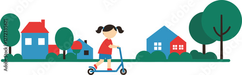 Girl riding a scooter through a colorful neighborhood in flat vector art