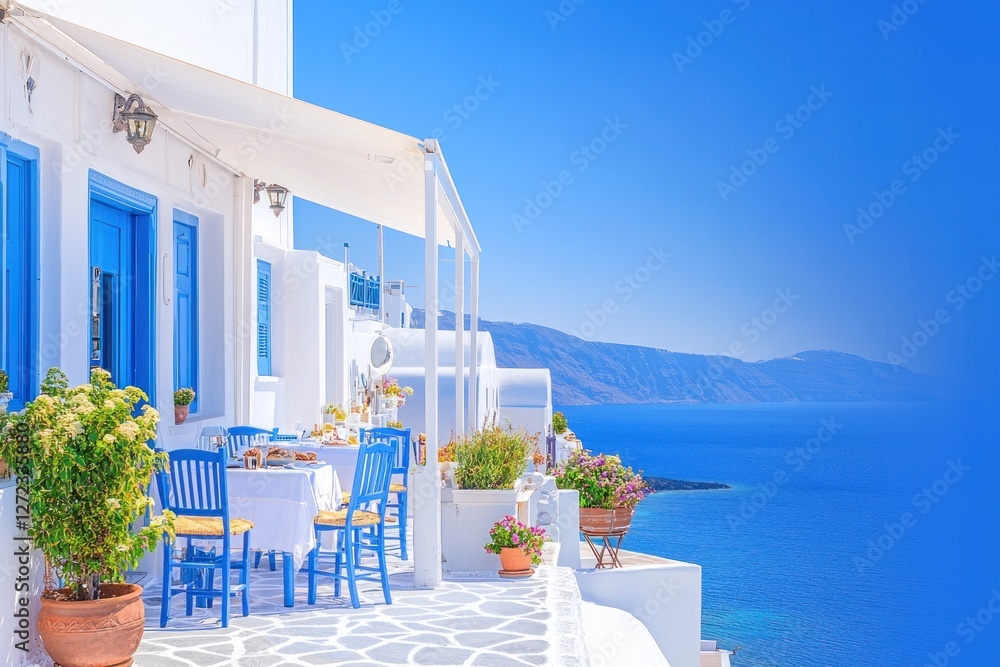 Fototapeta premium Whitewashed Aegean Restaurant Overlooking Scenic Ocean View