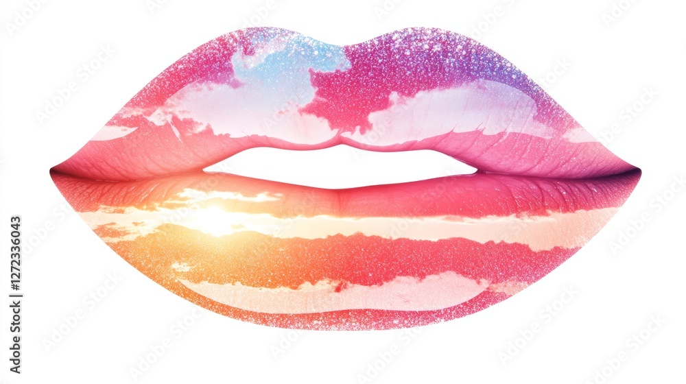 Obraz premium A close-up shot of a pair of lips with a vibrant, colorful, sunset-like design. The glossy finish adds a touch of shine and luxury.