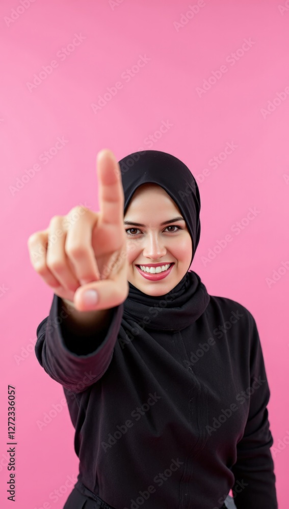 A Smiling Young Muslim Woman in a Black Hijab Cheerfully Illustrates the Number One Gesture Against a Bright Pink Background A Smiling Young Muslim Woman in a Black Hijab Cheerfully Illustrates the Number One Gesture Against a Bright Pink Background