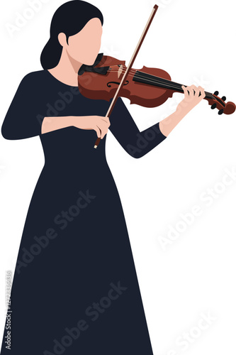 Violinist in elegant dress playing music in minimal flat vector illustration