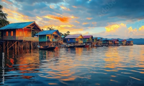 Floating Village on Tonle Sap Lake in Cambodia with Stilt Houses and Fishermen photo