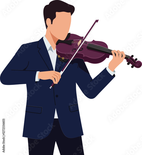 Musician playing violin in elegant suit with minimalistic flat design vector illustration