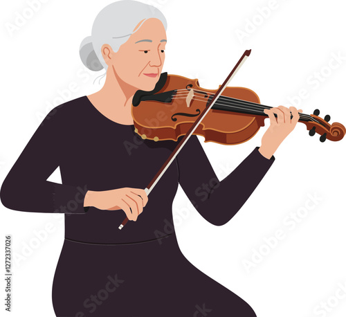 Elderly woman playing violin in minimal style vector illustration