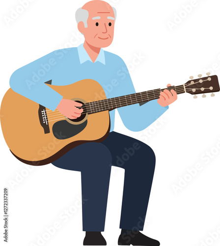 Elderly man playing acoustic guitar in flat design vector art