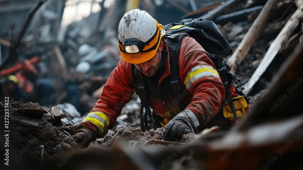 A man in a red and yellow fireman's outfit is digging through rubble A man in a red and yellow fireman's outfit is digging through rubble