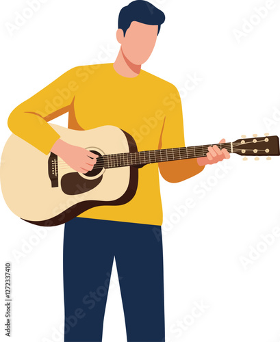 Young man playing acoustic guitar in flat minimal vector art style