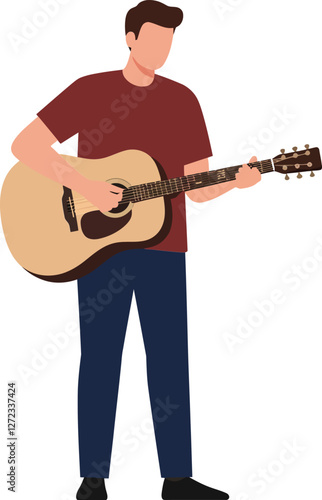 Young man playing acoustic guitar in flat minimal vector art