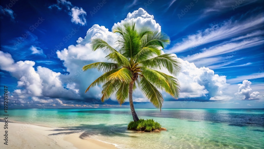 Fototapeta premium Lush Palm Tree on Idyllic Tropical Island Beach, Azure Sky, White Clouds - Perfect Vacation Stock Photo