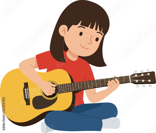 Girl playing acoustic guitar in a flat and colorful vector illustration