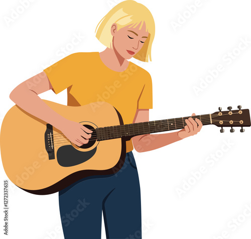 Young woman playing acoustic guitar in flat minimal vector art