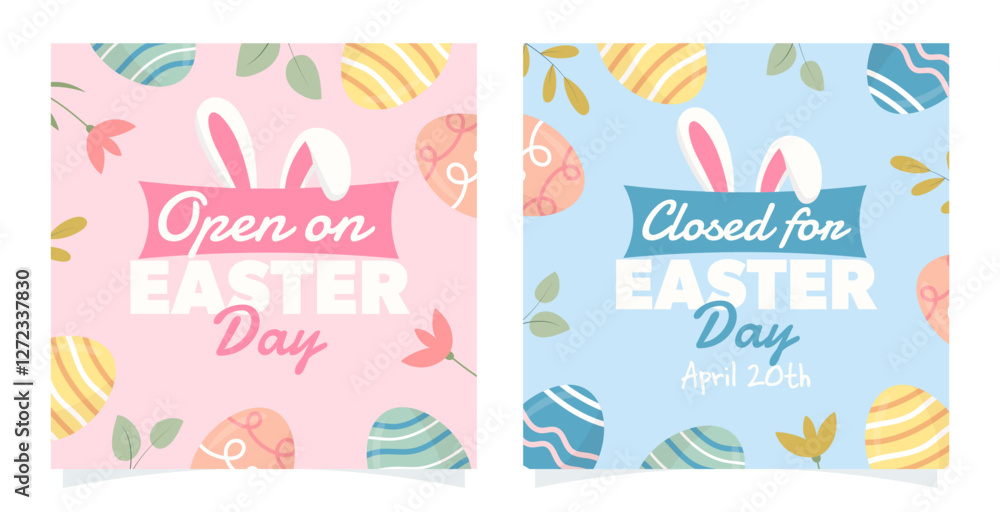 Open or closed sign for Easter day with bunny ears and decorated eggs. Vector illustration, banner, card. For posts, cards, covers or social media. Open or closed sign for Easter day with bunny ears and decorated eggs. Vector illustration, banner, card. For posts, cards, covers or social media.