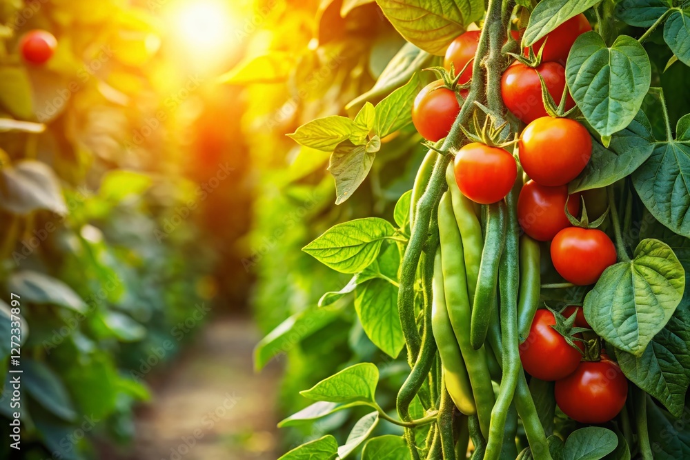 Lush Pole Beans & Ripe Tomatoes Growing Vertically in Garden - Stock Photo Lush Pole Beans & Ripe Tomatoes Growing Vertically in Garden - Stock Photo