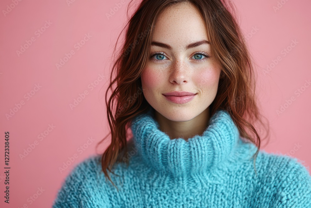 Minimalistic Portrait of a Smiling Woman in Blue Sweater on Pink Background Minimalistic Portrait of a Smiling Woman in Blue Sweater on Pink Background