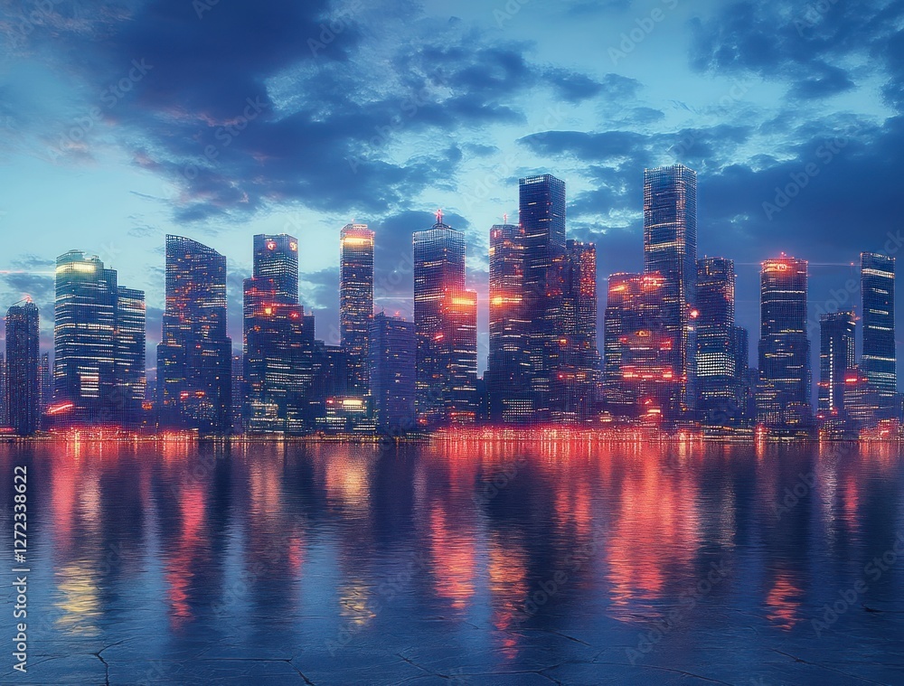 Fototapeta premium Futuristic City Skyline at Dusk with Empty Road and Sidewalk in Background