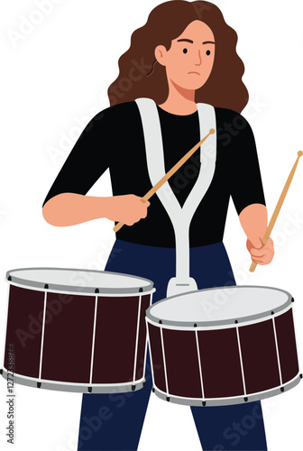 Female drummer performing rhythmic beats in flat style vector art