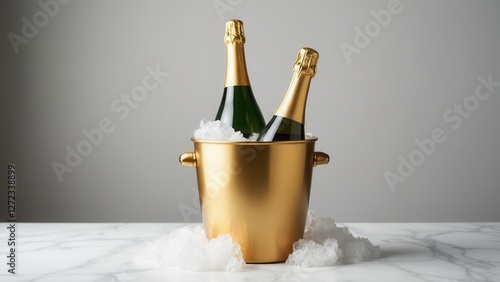 Two champagne bottles in a golden ice bucket mockup on a marble surface.