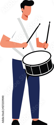 Drummer playing a snare drum in flat minimal vector art